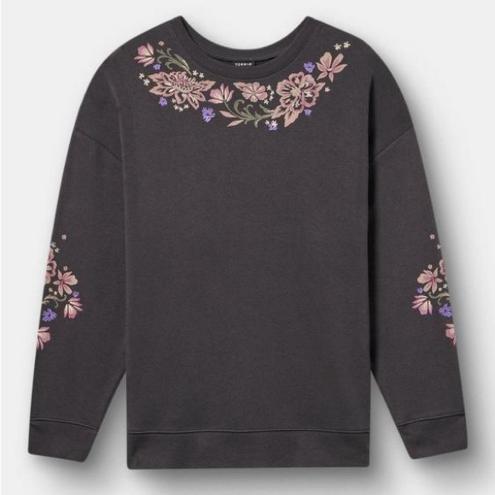 Torrid Relaxed Cozy Flower Embroidered Grey, Purple and Pink Sweatshirt, Size 3x